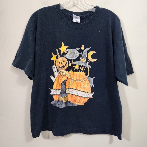 Gildan Halloween cat pumpkin ghost sparkly graphic t-shirt woman's size L - Picture 1 of 8